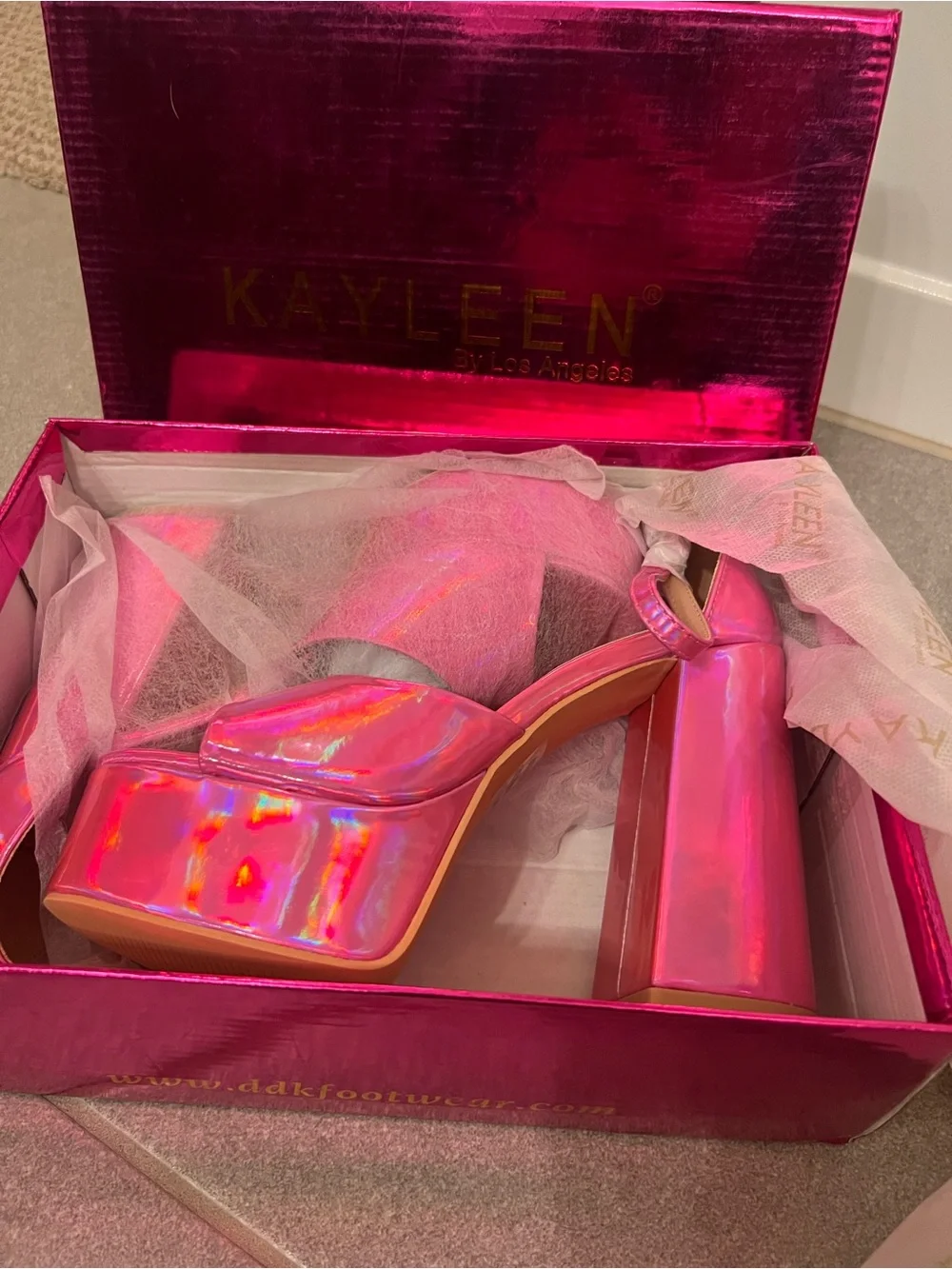 New Holographic Pink Patent Leather Platform Chunky Heels - Iridescent Metallic